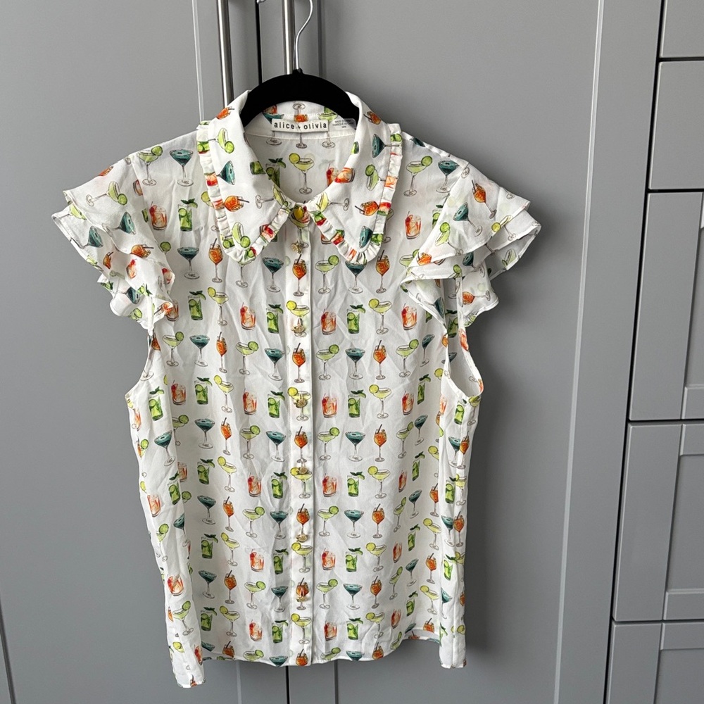 Alice + Olivia Silk Sleeveless Cocktail Print Blouse - White with Green & Orange